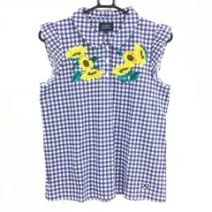 【超美品】パーリーゲイツ ノースリーブポロシャツ ブルー×白 チェック サッカー生地調 レディース 1(M) ゴルフウェア PEARLY GATES