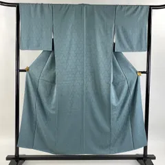 色無地 身丈151cm 裄丈64.5cm M 袷 地紋 灰緑 正絹 優品 【中古】