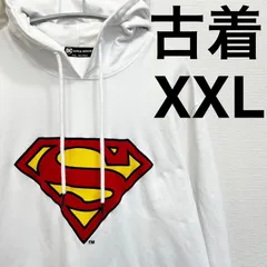 古着 ユーズド スーパーマン パーカー フーディー  プルオーバー XXLサイズ 刺繍 大きめ 貴重 ロゴ DC コミック アメコミ ロック Tシャツ メンズ レディース 長袖 バンティー ホワイト ダボっとサイズ