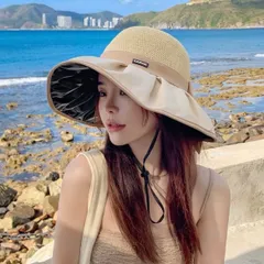 新品　麦わら帽子　つば広　小顔　女優　UV  顎ひも付き　後ろvカット割れ　配色リボン　ベージュ