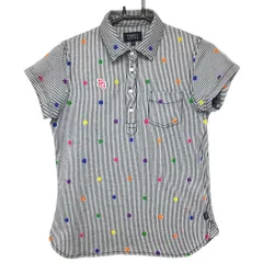 ★特価★パーリーゲイツ 半袖ポロシャツ 白×ネイビー ストライプ×ニコちゃん スマイル 胸ポケット レディース 0(S) ゴルフウェア PEARLY GATES