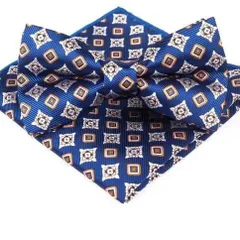 青い幾何学模様　蝶ネクタイ・ポケットチーフ　２点　セット　結婚式　発表会　七五三お祝い　卒業式　入学式　入園式　入社式　イベント　パーティー　ダンスパーティー　バーテンダー　ワンタッチネクタイ　ネクタイ　チーフ　格安　ネイビー　オレンジ　シルバー　格子柄