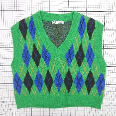 ◇ ⊇ ZARA ザラ 模様入り ノースリーブ ニットベスト サイズM グリーン系 メンズ E  【1508200023281】