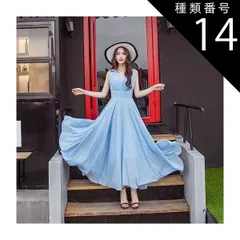 種類14：ライトブルー/2XL シフォンワンピース シフォンドレス ドレスワンピース ワンピース ドレス フレアワンピース シフォンワンピース ロング ロング丈 マキシ マキシ丈 9分丈 袖なし ノースリーブ Vネック カシュクール フレア セミフレア Aライ