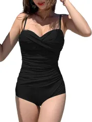 ISLAYCAOLILA アイラカリラ カシュクール ワンピース 水着 Vカット カラフル 単色 ビーチウエア スイムウエア レディース( ブラック,  M)