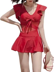 ISLAYCAOLILA ワンピース 水着 シースルー フリル スカート スイムドレス リボン シアー ショートパンツ パッド入り ワイヤーあり レディース( レッド,  XL)