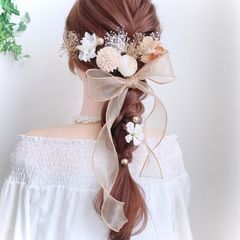オレンジ系 シアーリボン フラワー ヘッドドレス