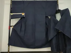 平和屋着物●男性　結城紬　アンサンブル　杢　色無地　藍鉄色　反端付き　正絹　逸品　AAAZ8945ck