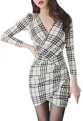 COCO&YUKA(ココアンドユカ) カシュクール ワンピース 長袖 胸元 セクシー ミニ タイト キャバ ドレス レディース フォーマル スーツ 千鳥格子 ホワイト M( ホワイト ， M)