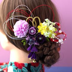 ❁つまみ細工パープル＆水引・さがり付き和装髪飾りセット ❁和装・着物・浴衣・卒園式・卒業式・七五三・成人式・和装髪飾り・ちりめんボール・和玉・記念日・行事・パールシャワー・つまみ細工髪飾り・ハンドメイド・ヘアアクセサリー・髪飾り