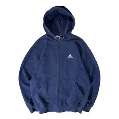 M 90s 90年代 アディダス adidas ジップパーカー ジップアップ フード パーカー 古着 フェード フェード感 茄子紺 ボロ グランジ ワンポイント ロゴ刺繍 ワンポイント刺繍 裏地 パイル パイル生地 紺色 紺 ネイビー 青