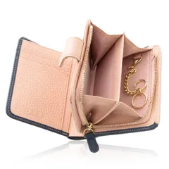 新品 [GRAV] (雑誌掲載品) ミニ財布 レディース 本革 財布 2つ折り (ミニマルなのに大容量) スキミング防止 L字ファスナー 小銭入れ 軽い 軽量 大容量 コンパクト キーリング付 札入れ カード入れ ギフト (2つ折り財布 ネイビー＆ピンク)