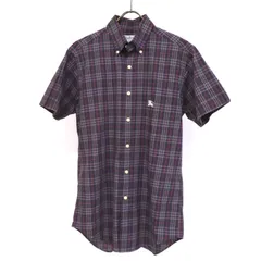 11398 美品 BURBERRY バーバリー ノバチェック柄 ホースロゴ刺繍 コットン 100% 半袖 ボタンダウン シャツ size37 S ネイビー 紺系×赤