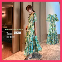 【スタッフおすすめ！】 花柄 ティアードワンピース春夏 Vネック フレアワンピ 大人/ハイウエスト 総柄/夏ワンピ レジャー フェミニン カシュクール風 ロングワン おすすめ おしゃれ　かわいい　人気 1YDG-002