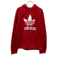 adidas プリントスウェット パーカー M レッド ホワイト アディダス プルオーバー ビックプリント 古着卸 アメリカ仕入 a709-6218