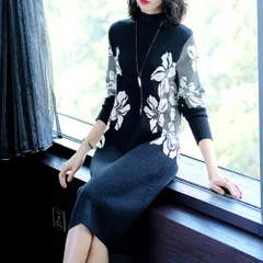 ☆ ホワイト ☆ M ☆ ニットワンピース レディース かわいい wjd110 ニットワンピース 秋冬 ニットワンピ ワンピ ミドル丈 長袖 ひざ丈 花柄 タートルネック ハイネック カジュアル 体型カバー 大人可愛い おしゃれ お洒落 大人 上品 シンプル