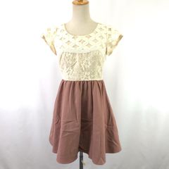 BE RADIANCE【ビーラディエンス】 半袖 ワンピース 【size:F/ミニ丈/アイボリー×ピンク系/花刺繍】スカート切り替え/dress◆BJ006-e