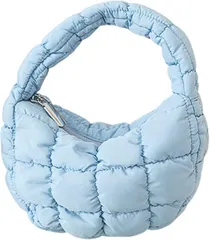 FARFADET キルティング ミニ トート バッグ レディース 軽量 ハンドバッグ おしゃれ かわいい カジュアル シンプル トートバッグ 通勤 通学 光沢 ふわふわ 手提げ ナイロン バック 大人 カバン ファスナー 付き 旅行(ブルー)