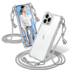 iPhone 12 Pro ケース クリア ショルダー 耐衝撃 iPhone12Pro スマホケース 透明 織りストラップ付き 肩がけ 首掛け 紐付き アイフォン12Pro カバー 縄掛け シングルショルダーロープ 斜めがけ 調節可能なショルダー クロスボ 0