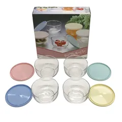 食品保存容器　4個セット　4色　ガラス　ポリエチレン　フタ　日本製　石塚硝子