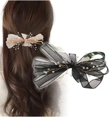 新品 シアー シフォン ビーズ フォーマル 髪留め ブラック リボン ヘアクリップ HM-0055-R08-BK [Herbeluemily]