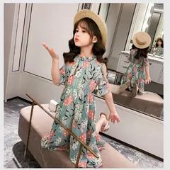 送料無料 グリーン シフォン 半袖 オフショルダー 花柄 ロングワンピース キッズ 子ども 春夏 かわいい 韓国子供服 女の子 ガールズ 110cm 120cm 130cm 140cm 150cm 160cm
