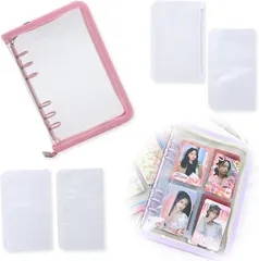 Noalife(ノアライフ) アクスタケース 推し活グッズ 収納 持ち運び ファイル 6リングファスナーケース リフィル チェキ アルバム チェキ帳 ピンク リフィルセット( ピンク リフィルセット,  A6)