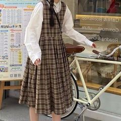 【新品】レトロガーリー♡チェック柄ワンピース＋ブラウス2点セット レディース ワンピース チェック柄 ブラウス セット セットアップ ブラウン 春 秋 S M L XL 　E1480