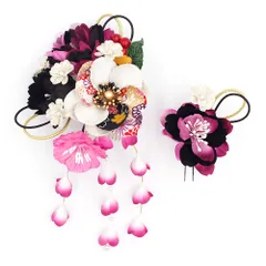 髪飾り 成人式 振袖 前撮り 袴 花 2点セット ちりめん 赤紫 白 ゴールド 黒 組紐 下がり 藤下がり パール 和柄 大きい 小さい No.12-0331