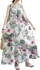 blue beryl ワンピース レディース ロング ボタニカルプリント Aライン ノースリーブ リゾート リラックス 大人カジュアル 細身見え すてき 高見え 柄 お洒落 ヘルシー シルエット 裏地なし BB041(ピンク,  2XL)