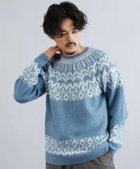 新品 未使用 JIGGYS SHOP(ジギーズショップ)モヘアタッチノルディック求心柄モックネックニットセーター 217575 インディゴのサムネイル