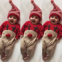 ベビー ロンパース 新生児 赤ちゃん エルク 鹿 トナカイ サンタ服 クリスマス コスチューム サンタ帽子 カーキ丸玉 レッド 着ぐるみ 肌着 子供服 秋冬 女の子 男の子 オーバーオール オールインワン sbRP930