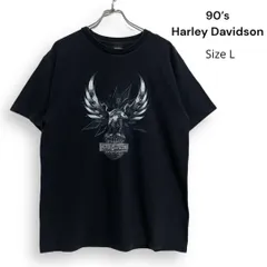 90s HARLEY DAVIDSON ハーレーダビッドソン メタルイーグル 両面プリント Tシャツ ブラック L