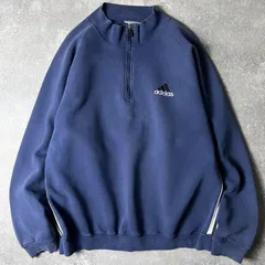 雰囲気系 90s adidas ロゴ 刺繍 3ストライプ ハーフジップ プルオーバー スウェット トレーナー / 90年代 オールド アディダス ナス紺 スエット