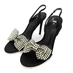 ザラ サンダル ハイヒール バックストラップ リボン ビジュー 靴 黒 レディース 35サイズ ブラック×シルバー ZARA 【中古】