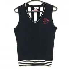 【超美品】アディダス ニットベスト ネイビー×白 背面ストライプ 一部ケーブル編み ウール混 Vネック レディース L/G ゴルフウェア adidas