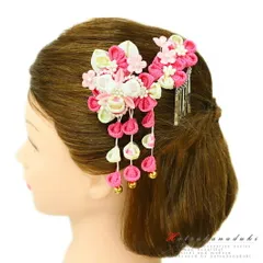 七五三 髪飾り 三歳 七歳 日本髪 つまみ細工 花 2点セット ピンク 白 グラデーションカラー ちりめん 下がり 鈴 ビラ パール ピ No.12-0128