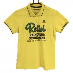 ★値下げ★【美品】ルコック 半袖ポロシャツ イエロー×ネイビー フロントプリント 襟・袖口ライン レディース L ゴルフウェア le coq sportif