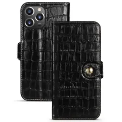 写真入れ カード入れ カバー スタンド機能 クロコ型押し おしゃれ ストラップホール付き 6.7インチ対応 手帳型 ケース マグネットスナップボタン式 Max Pro スマホケース(ブラック) 14 iPhone