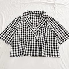 【美品】ショート丈テーラードジャケット　ダブルクローゼット　Wcloset　五分袖×ギンガムチェック柄×ダブル×ちりめん素材デザイン　春夏～秋✨のサムネイル