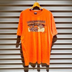 ハーレーダビッドソン HARLEY-DAVIDSON Tシャツ 半袖 ポケット付き ロゴ スカル 両面プリント サイズ：メンズ XL相当 ビッグサイズ オレンジ【PI】
