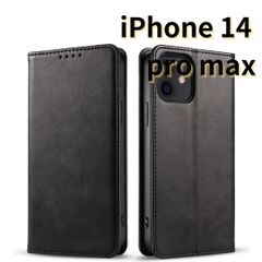 【SHOPSA】 iPhone14pro max レザー風 スマホケース 手帳型 耐衝撃 マグネット式 カードケース 黒 E016