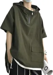 OJUMAH パーカー メンズ 夏 半袖 トップス 大きいサイズ 薄手 ファスナー ポケット 付 無地 春 Tシャツ フーディー(オリーブ,  2XL)