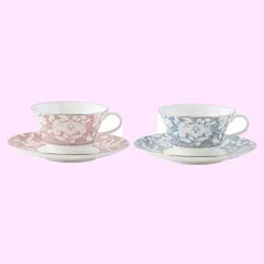 Color:09) ティーコーヒー兼用カップ&ソーサー 210cc 2客(アソート)_Style:紅茶缶なし NARUMI(ナルミ) カップ ソーサー セット ミラノビアンカ 210cc ブルー&ピンク 2柄セット 花柄 梅の花 ペア ティーコーヒー兼用カップ