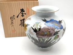 [4-4-1]　九谷焼　健次郎作　花瓶　飾り壷　高さ約25cm　共箱