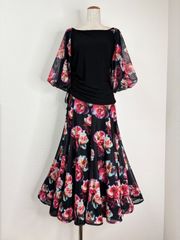 ファンシー】新品 社交ダンス イエロー花柄セットアップ黒 d5104