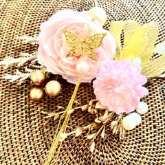 蝶々パール簪♡成人式髪飾り♡結婚式ブライダルヘッドパーツピンクヘアーアクセサリー