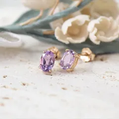 パープル 紫 オーバル CZダイヤ シンプル ゴールド スタッド ピアス