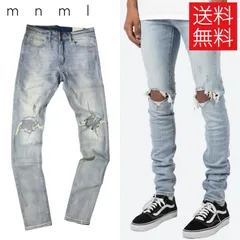 【送料無料】mnml X1 クラッシュ ダメージ スキニー デニム パンツ ブルー 青 STRETCH DENIM Blue ミニマル
