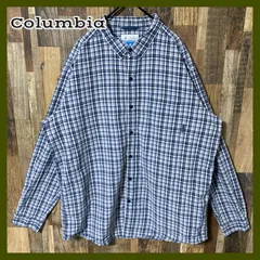 ボタンダウン チェック 2XL コロンビア ブルー系 シャツ メンズ 古着 長袖